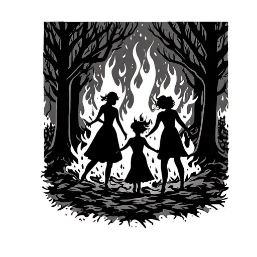 women's silhouettes dancing around fire in a black forest tattoo design idea