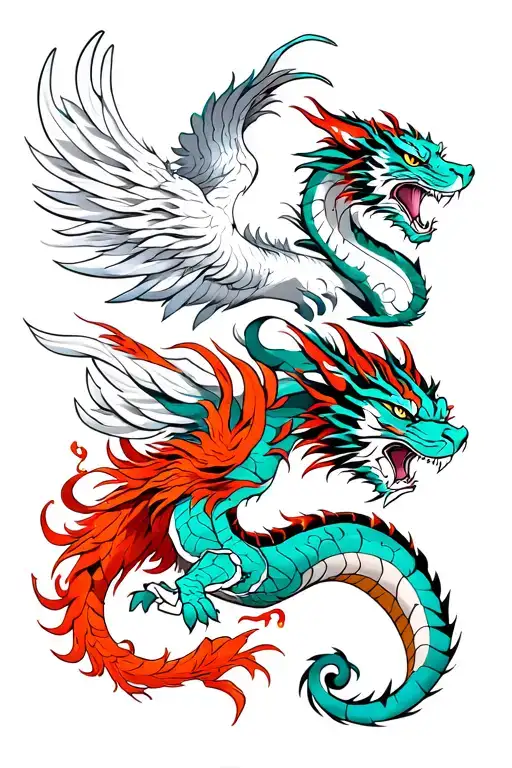 On the right is a turquoise dragon, on the bottom is a scarlet phoenix, on the left is a white tiger, on top is a black  tattoo design idea