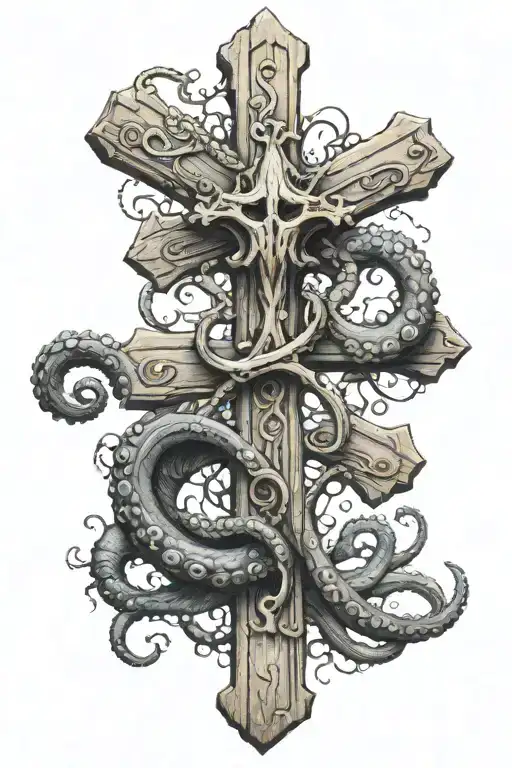 nautical wooden cross with octopus wrapped around it  tattoo design idea