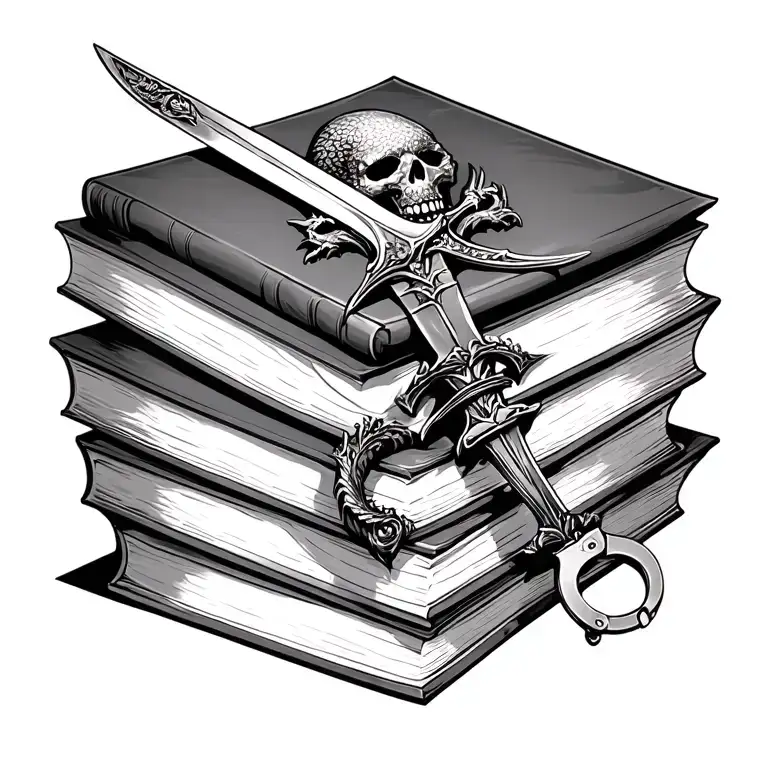 stack of books, swords, handcuffs, dark romance, masks, dragons, skulls tattoo design idea