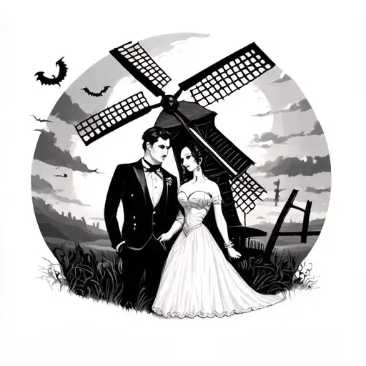 goth bride and groom under a haunted windmill tattoo design idea