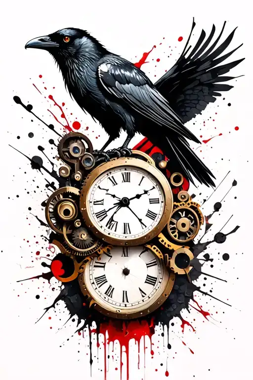 steampunk raven on clock tattoo design idea