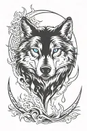 Wolf with blue eyes, background having fire and water elements, the top are moon and star tattoo design idea