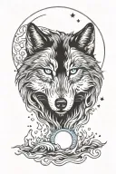 Wolf with blue eyes, background having fire and water elements, the top are moon and star tattoo design idea