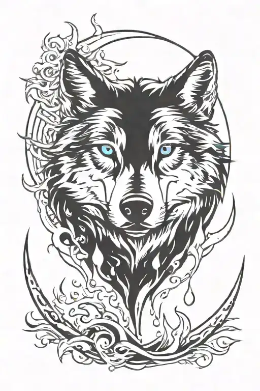 Wolf with blue eyes, background having fire and water elements, the top are moon and star tattoo design idea