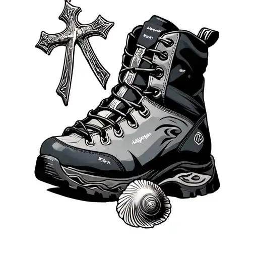 ai generated tattoo with the sea scallops shell and hiking boots and st james cross tattoo design idea