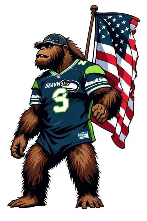 bigfoot wearing seahawks jersey, carrying american flag tattoo design idea
