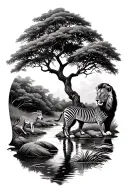 savanna tree with river and a zebra and lion tattoo design idea