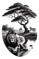 savanna tree with river and a zebra and lion tattoo design idea