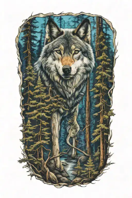 wolf blue eyes howling forest landscape tattoo design idea