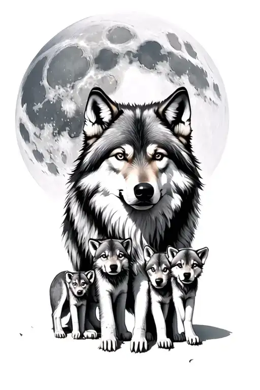 wolf with mate and 3 cubs full moon tattoo design idea