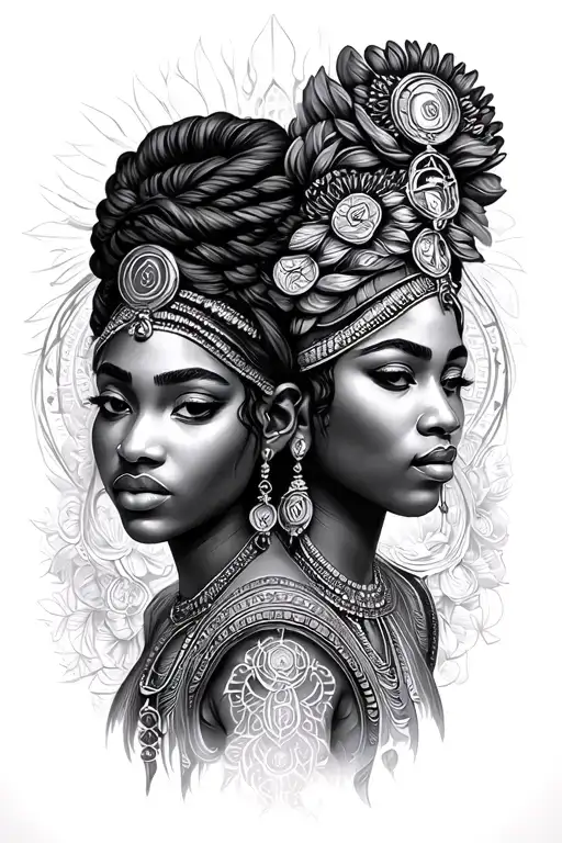 african goddess twin girl with virgo symbol intertwined tattoo design idea