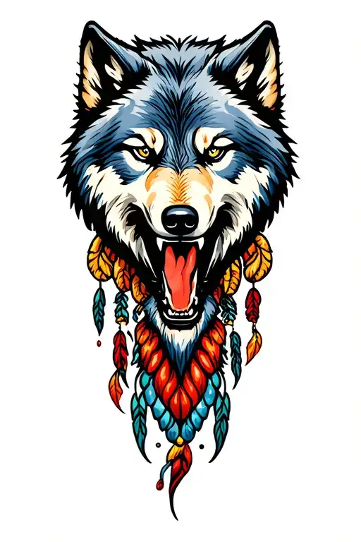Dreamcatch with growling wolf head emerging tattoo design idea