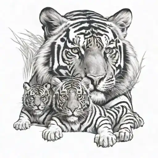 male and female tiger with cubs face only tattoo design idea