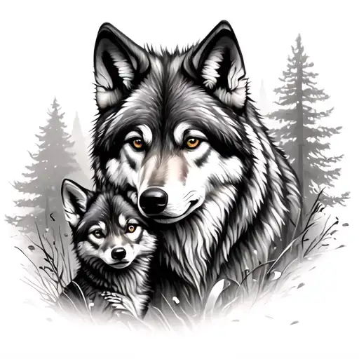wolf with cub woodland behind tattoo design idea