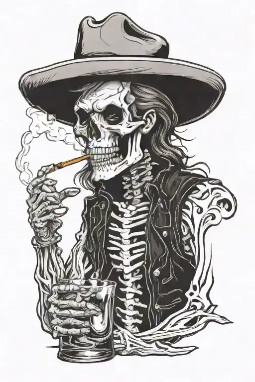 skeleton mullet cowboy smoking and drinking whiskey tattoo design idea