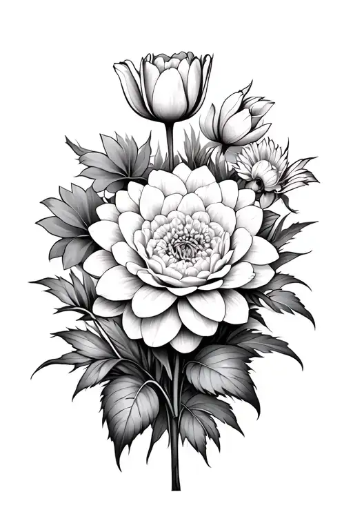dahlia flower with dasies, roses tulips growing inside tattoo design idea