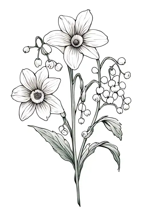 narcissus flowers, Lily of the Valley, Hawthorn flowers, and Aster and Morning Glory tattoo design idea