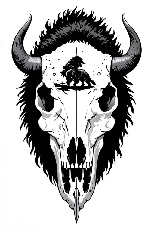 Bison skull with a bison and person silhouette tattoo design idea
