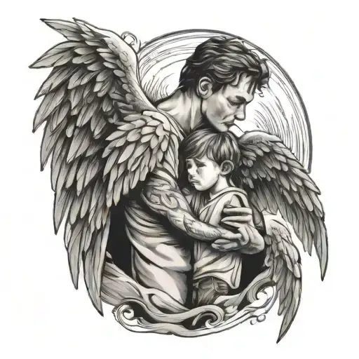 son and dad, dad giving protection to son, angel wings tattoo design idea