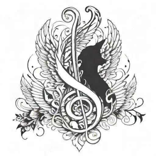A tattoo design featuring musical notes intertwined with angel wings in a dog paw tattoo design idea
