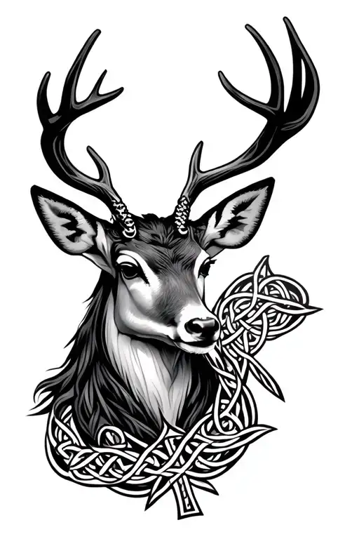celtic deer with cross necklace tattoo design idea