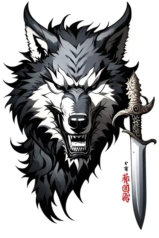 Japanese knife with an oni mask on the Wolf with one blade tattoo design idea