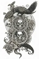 tree snake pyramid crow waterfalls eyeball wheelchair sun moon whale dragon emersing yinyang skull roses tattoo design idea