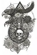 tree snake pyramid crow waterfalls eyeball wheelchair sun moon whale dragon emersing yinyang skull roses tattoo design idea