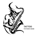"Demon with a saxophone" elegant demon with a saxophon tattoo design idea