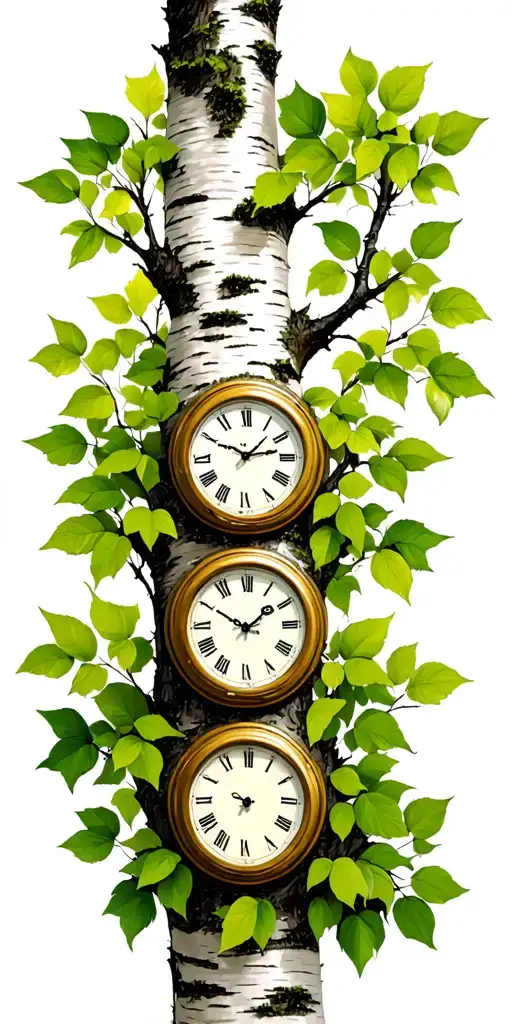 birch tree with green leaves with three clocks on it tattoo design idea