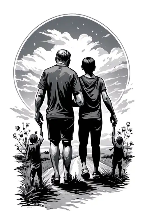 a road leading, dad and child holdning hands, tattoo design idea