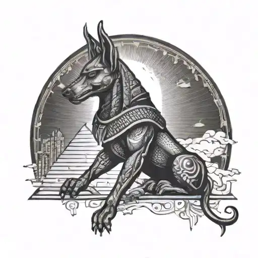 EGYPTIAN GOD ANUBIS WARRIOR WITH SUNRISE BACKGROUND tattoo design idea