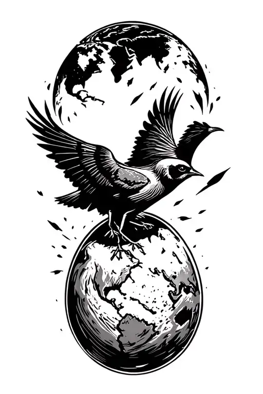 The bird fights its way out of the egg. The egg is the world. destroy a world. the bird flies to God tattoo design idea
