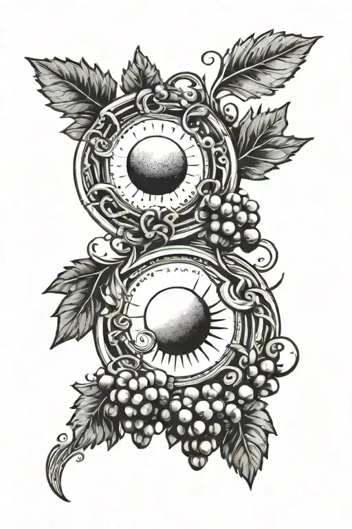 simple sun and moon design with berries and grapes tattoo design idea