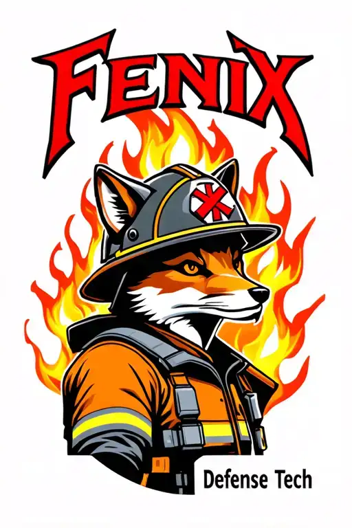 "Fenix Defense Tech" Tough Fox wearing firefighter gear, surrounded by flames. Helmet has maltese cross fire symbol. tattoo design idea