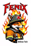 "Fenix Defense Tech" Tough Fox wearing firefighter gear, surrounded by flames. Helmet has maltese cross fire symbol. tattoo design idea