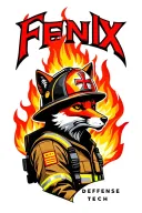 "Fenix Defense Tech" Tough Fox wearing firefighter gear, surrounded by flames. Helmet has maltese cross fire symbol. tattoo design idea