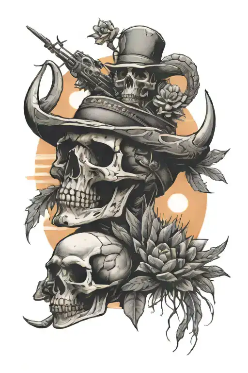 cactus, fishing, hunting, skulls, sunset, horns tattoo design idea