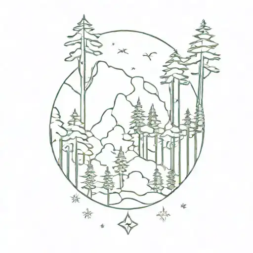 Minimalist outline of a forest with hidden Louis Vuitton logos among the trees tattoo design idea