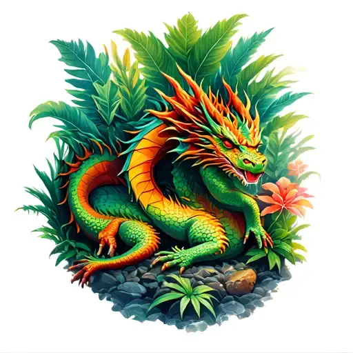 garden of plants with dragon sleeping in it tattoo design idea