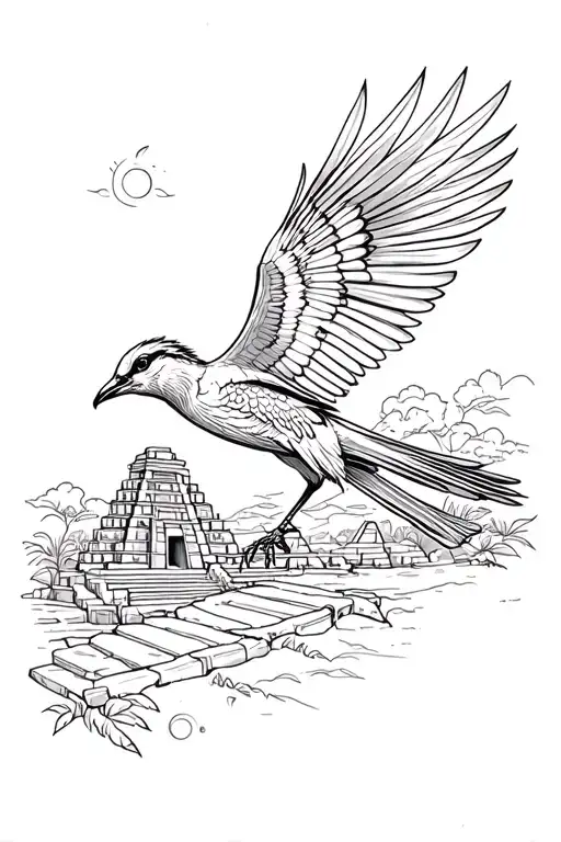 Guatemalan quetzal flying and Mayan ruins in background with the Antigua Guatemala arch and Guatemala country sleeve  tattoo design idea