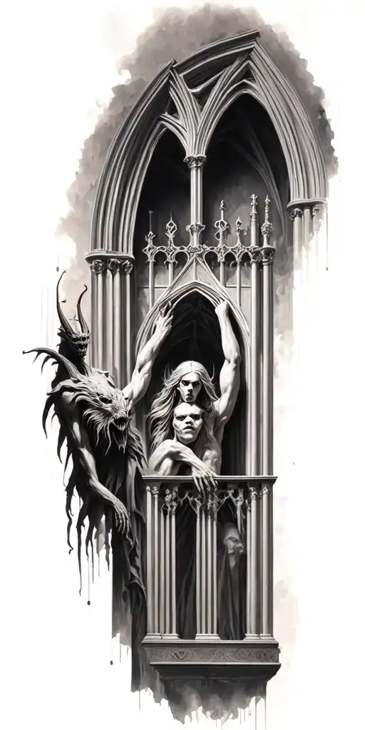 demons trapped in a cathedral realism tattoo design idea
