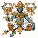 african medieval jester juggling flaming hearts and swords with an 8 pointed annunaki star in the back above the jester tattoo design idea