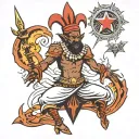 african medieval jester juggling flaming hearts and swords with an 8 pointed annunaki star in the back above the jester tattoo design idea