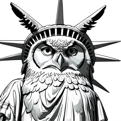  Statue of liberty with Cyrus the Great horned owl tattoo design idea