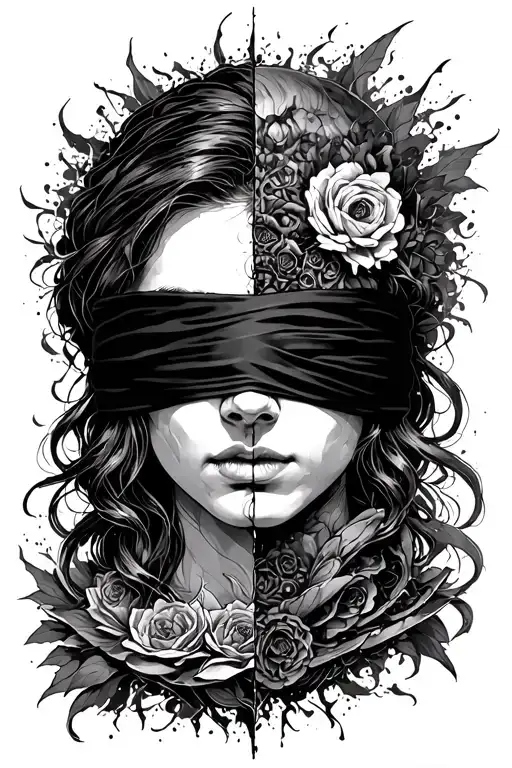 Blindfolded temida with a wage, one side is chaos, the other side is order.  tattoo design idea