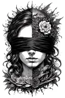 Blindfolded temida with a wage, one side is chaos, the other side is order.  tattoo design idea