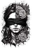 Blindfolded temida with a wage, one side is chaos, the other side is order.  tattoo design idea