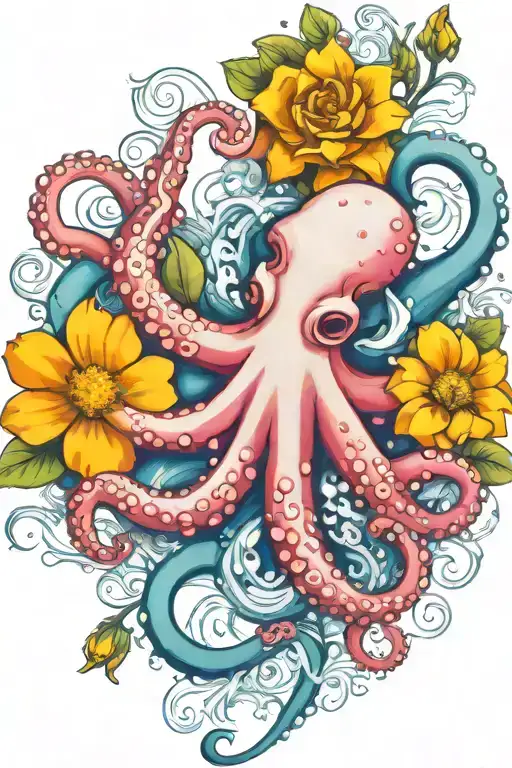 octopus, white 3 petal snowdrop, rose,  marigold flower tattoo design idea